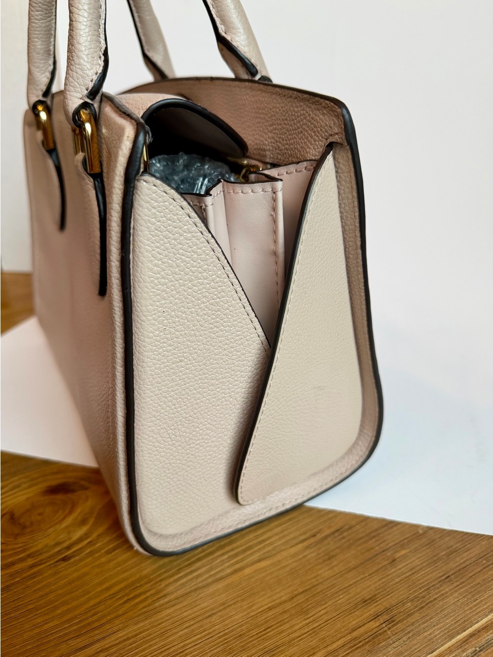 Michael Kors Mercer Pebbled Leather Satchel Handbag Blush Beige Gold Tone Purse - Picture 7 of 16